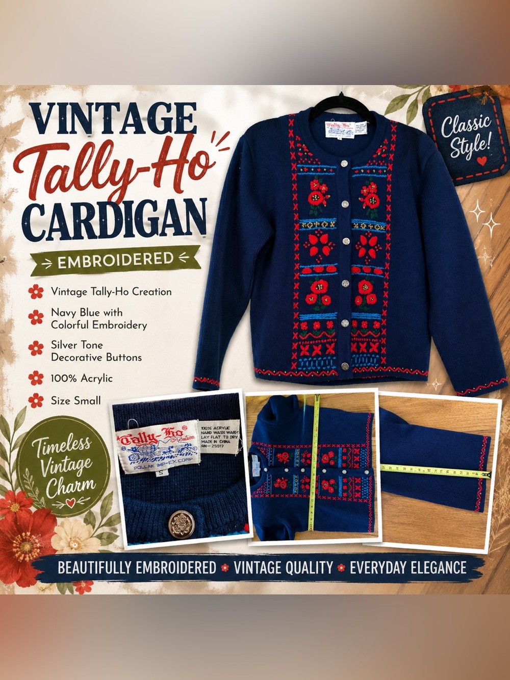 Tally Ho Vintage Navy Blue Embroidered Cardigan